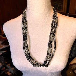 Long Zebra and Black Triple Strand Beaded Necklace 14” NWOT